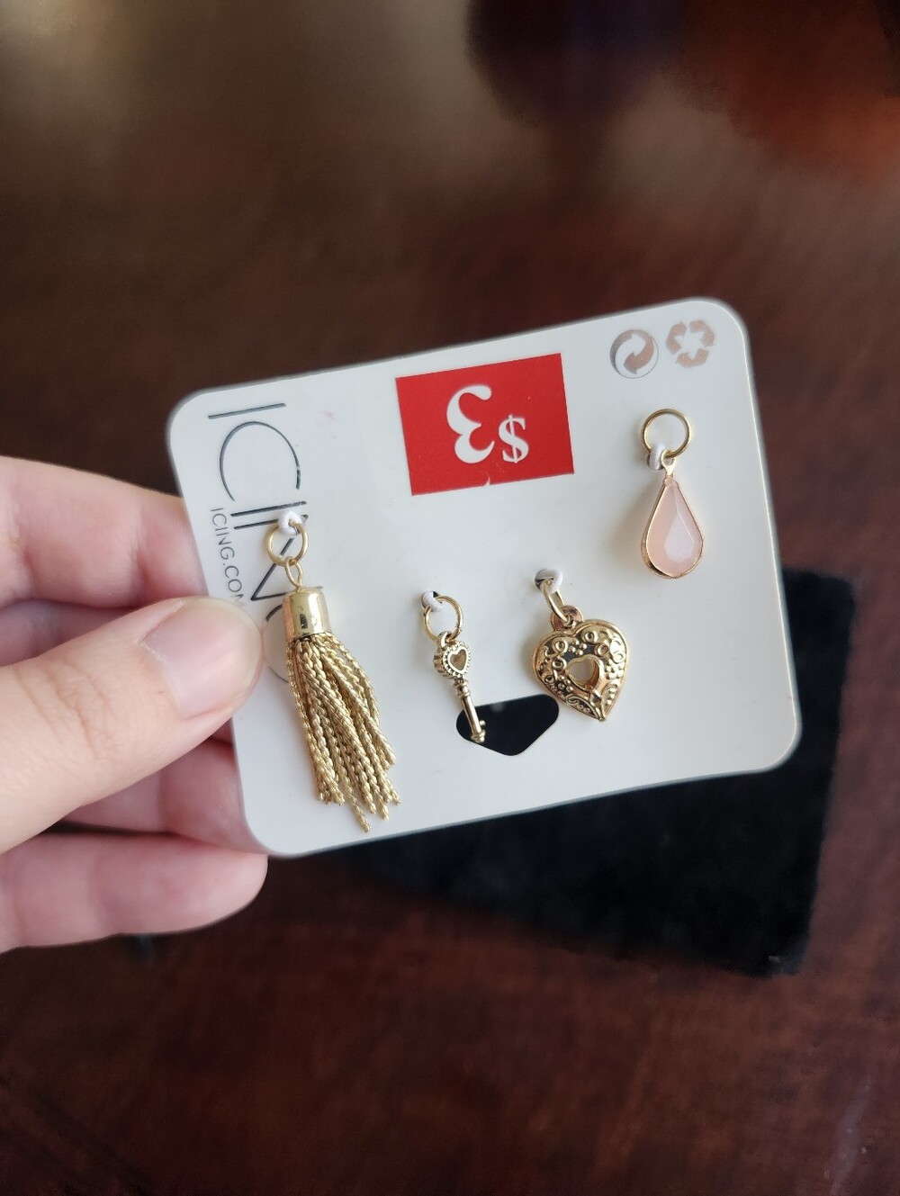 Icing Gold Tassel, Heart & Pink Teardrop Charm Set